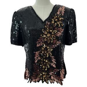Vintage Stenay Sequenced Silk Black rose gold short sleeved formal top size XL